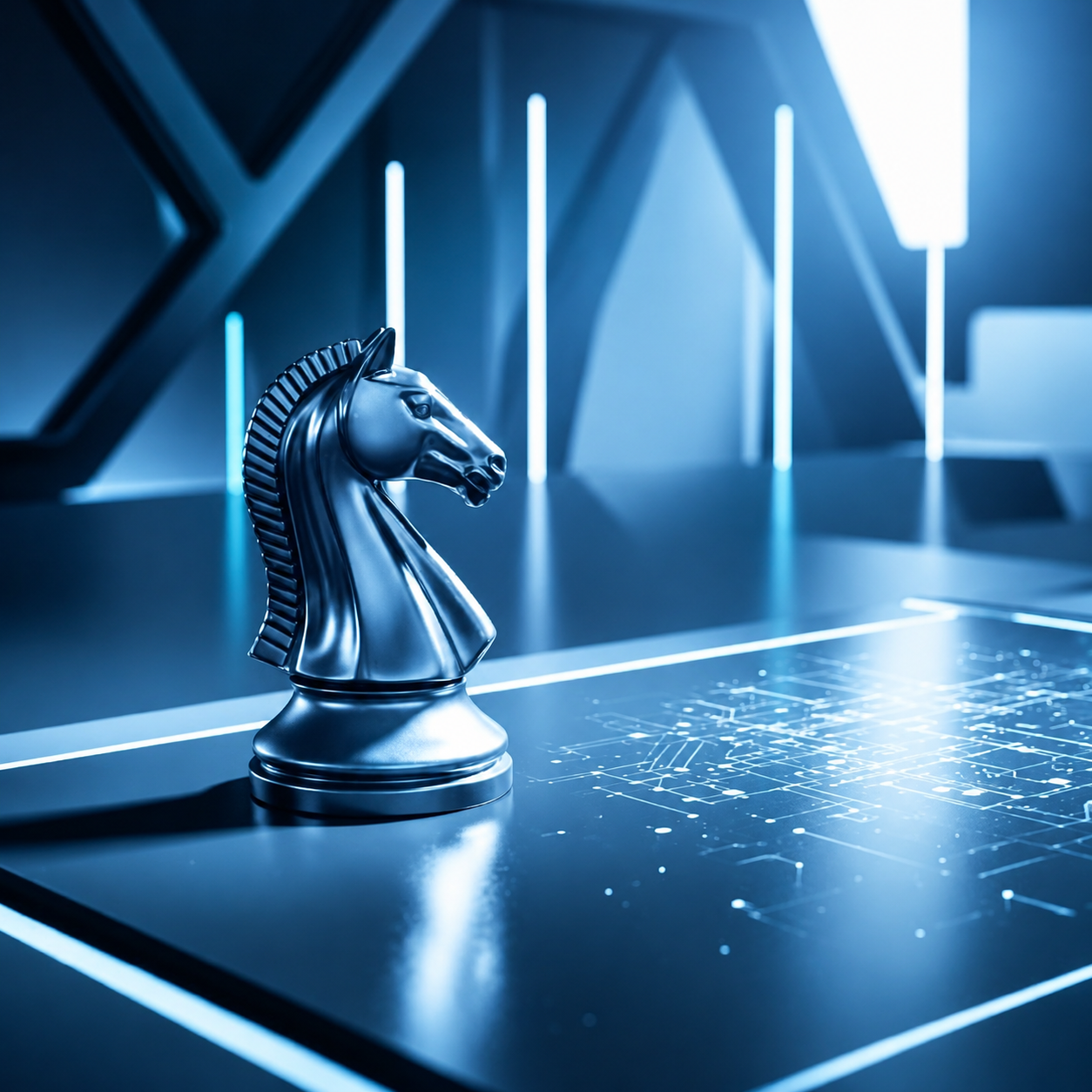 Metal chess knight on a strategic illuminated board