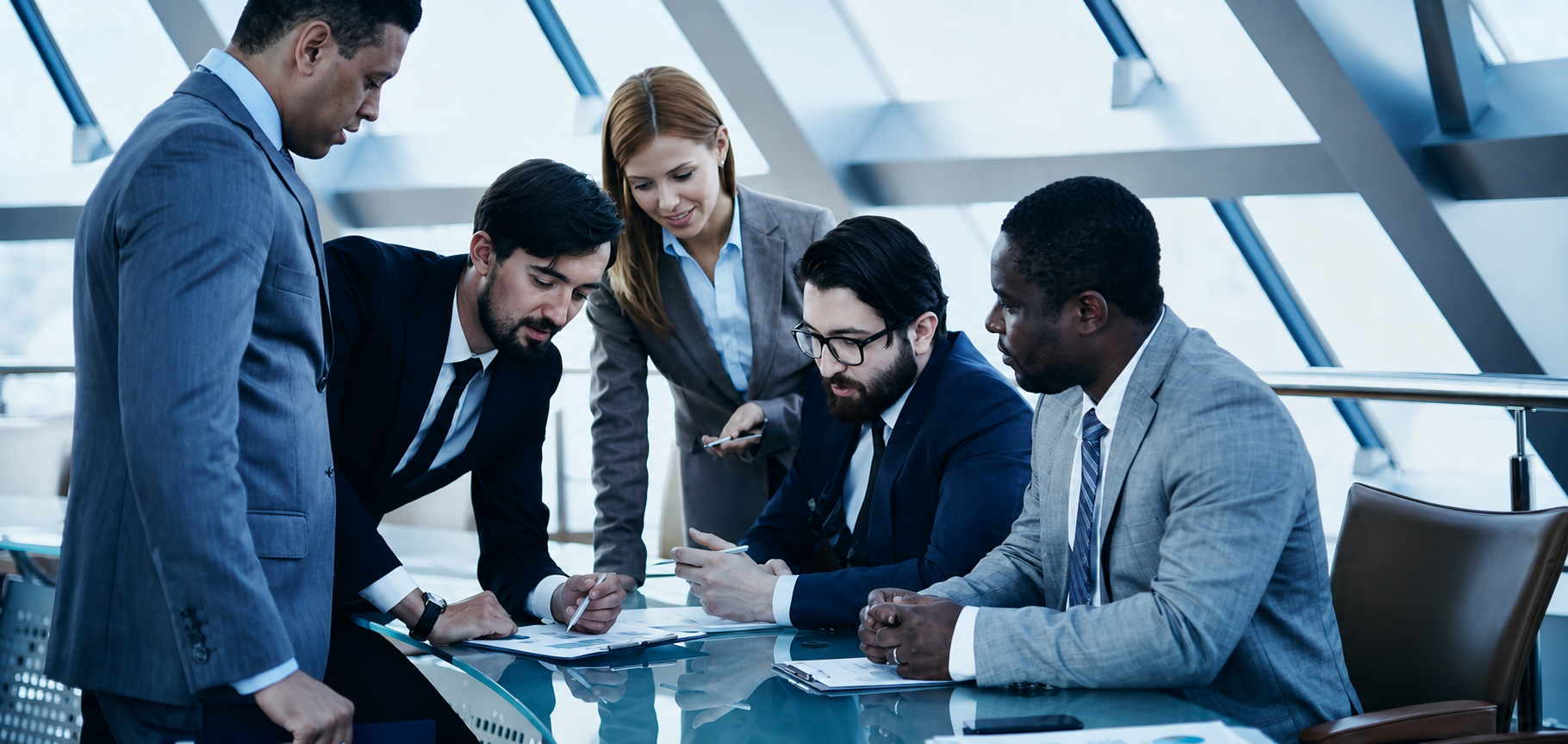 Corporate team reviewing business documents